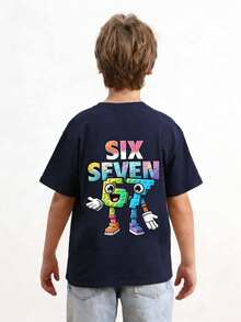 男童休闲印花圆领短袖T恤，夏季上衣 - 藏蓝色 - 查看 2