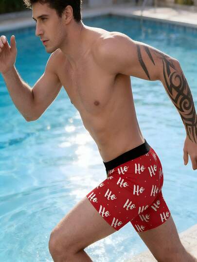 Men's Bold Letter "Ho" Print Solid Color Block Stretch Boxer Briefs
