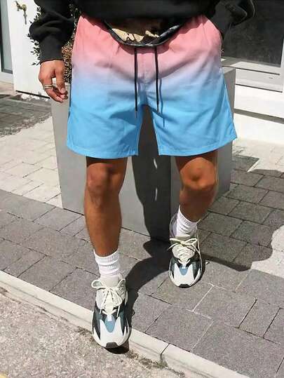 Men's Ombre Color Block Double Layer Lining Skinny Pants, Fashionable Versatile Casual Beach Shorts