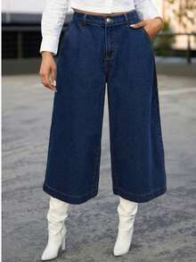 Quần jeans ống rộng cạp cao, dài đến 7/8, kiểu dáng công sở Pháp, chất liệu denim xanh đậm với thiết kế xếp ly, phù hợp cho nữ giới mặc đi làm hàng ngày và đi chơi thường ngày. - Màu xanh lam - Xem 1