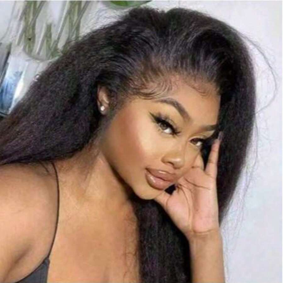 Kinky Straight Wig Human Blended Hair 13x4 Hd Transparent Lace Front Wigs Human Blended Hair Pre Plucked With Baby Hair Yaki Straight Frontal Wigs For Women 180 Density Human Blended Hair Wig Glueless Brazilian Virgin 8-36 Inch Natural Black - Natural & Black - View 1