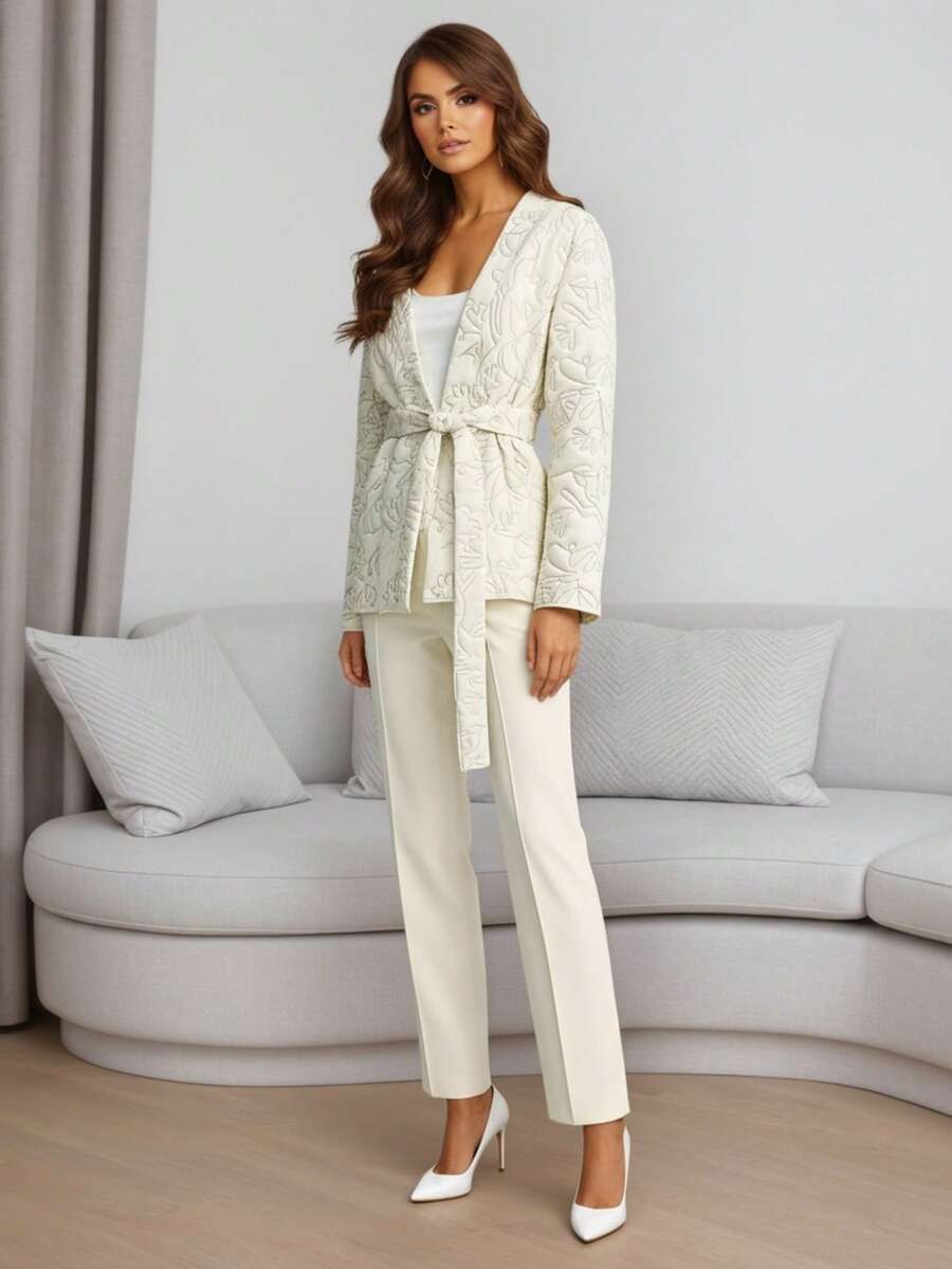 Áo khoác blazer dài tay, thanh lịch, thoải mái, có họa tiết, thắt nơ phía trước, thời trang. - trắng - Xem 1