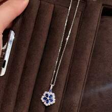 优雅三叶草蓝色吊坠项链，铂金镀层锁骨链，女士日常佩戴饰品 - 藍色 - 查看 3