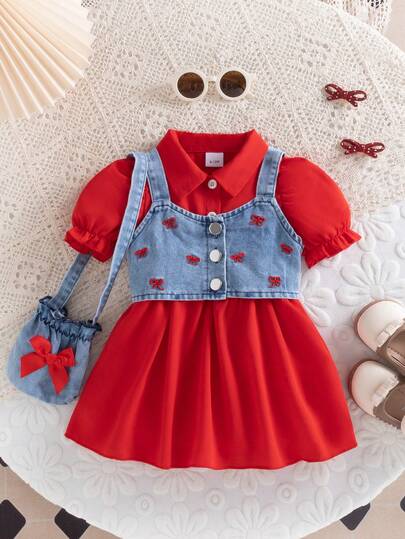 3pcs/Set Infant Girls' Summer Cute Vacation Style Bubble Sleeve Dress & Embroidered Bow Vest Top & Crossbody Bag Decor, Suitable For Daily, Outdoor, School, Commute, Street