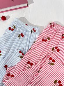 Bộ 2 quần pajama nữ cỡ lớn in hình quả anh đào, kẻ sọc, chất liệu nhẹ, màu xanh dương và hồng, thích hợp cho mùa xuân/hè. - Nhiều màu - Xem 3