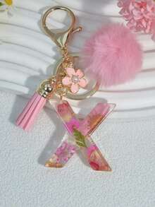 1pc Dried Flower Letter Keychain Resin Pendant Daisy Flower Keyring, Pink Gift With Pom Pom Tassel Charm - Pink - View 25