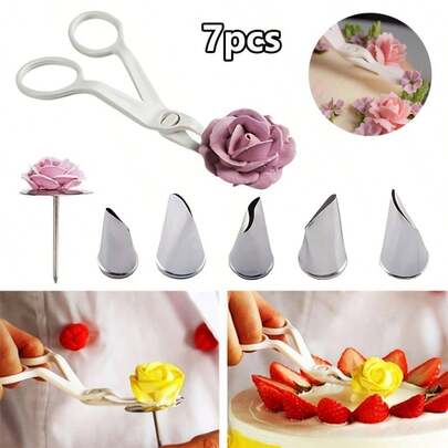 2/7pcs Rose Petal Cream Decorating Set, High-Quality Stainless Steel Piping Nozzles, Easy To Operate And Clean, Essential For Handmade Gifts, Birthday Party And Eid Al-Fitr Cake DIY Molds, Rose Flower Piping Nozzle Set, 5 Petal Shapes Stainless Steel Nozzles + Piping Bag Clips, Essential Baking Tools For Kitchen, Efficient For Creating Realistic Cream Flowers, Suitable For Birthday Party, Wedding Party, Valentine's Day Party, Anniversary Party, Ramadan Decoration, Summer Gathering, Mother's Day Gift
