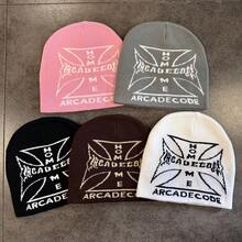 1pc Plaid Casual Acrylic Jacquard Cross & Letter Pattern Knit Beanie Hat, Stylish Hip-Hop Cold Weather Warm Cap - Multicolor - View 1