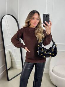Women's Knit Blouse With Inverted Braid, Long Puff Sleeves, Ribbed Cuffs, Fashion Knitwear For Winter - Rust Brown - View 3