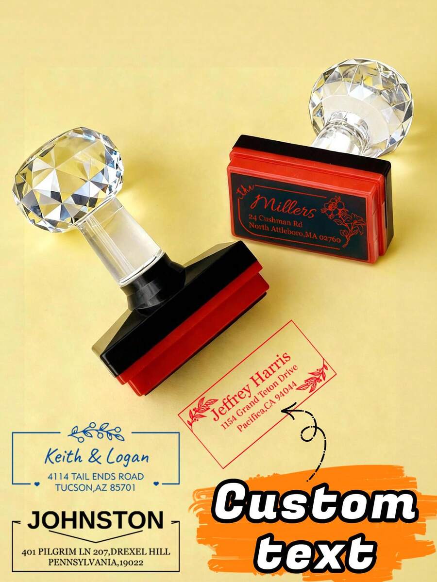 1/2 Pieces Custom Text Square Address Stamp With Crystal Handle, Personalized Pattern Address Stamp, Personalized Wedding Stamp, Personalized Anniversary Stamp - Style a - View 1