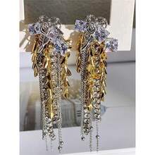 夸张的金色烟火风格麦穗流苏耳环，饰有花卉水晶拼接设计，镶满钻石的垂坠耳环 - 彩色 - 查看 1