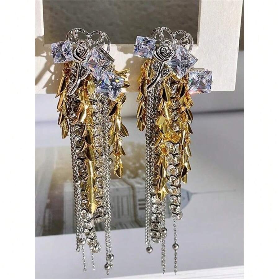 夸张的金色烟火风格麦穗流苏耳环，饰有花卉水晶拼接设计，镶满钻石的垂坠耳环 - 彩色 - 查看 1