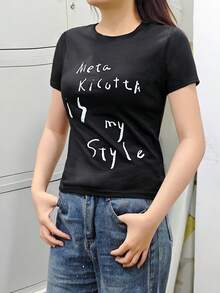 女士圆领短袖T恤，美式辣妹风格，夏季新款字母印花，时尚百搭修身露脐上衣 - 黑色 - 查看 2