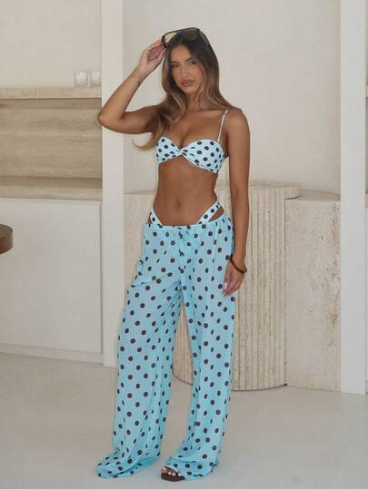 New Women's 3-Piece Bikini Set For Spring/Summer Beach Vacation, Elegant Sexy Casual Style, Blue & White Polka Dot Swimsuit