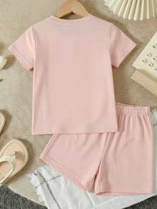 Set de 2 piezas de camiseta de manga corta y pantalones cortos con estampado de estrellas lindo para niñas, verano - Rosa - Ver 2