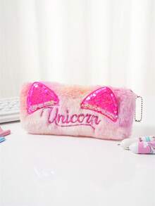 1个时尚扎染猫耳铅笔盒，亮片文具袋，毛绒字母拉链铅笔袋，简约收纳袋 - 粉色 - 查看 4