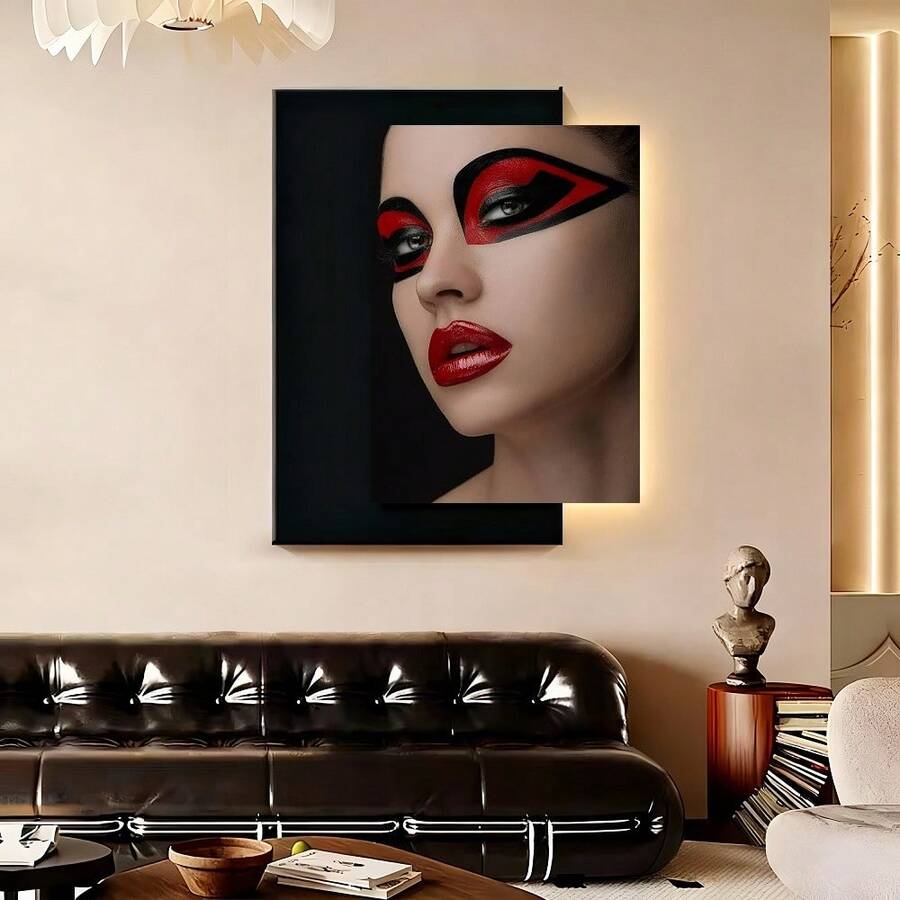 Arte de Pared Moderno de Retrato de Mujer en 2D Plano, 1 Pieza con Maquillaje de Ojos Geométrico Audaz y Labios Brillantes - Tinta sobre Lienzo, Marco Envolvente, Decoración ModernaArt Deco Adecuada para Sala, Dormitorio, Oficina - Pinturas de Rostro Femenino - Enmarcado - Ver 1
