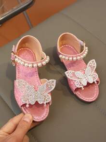 1 Pair New Girls Princess Sandals, Glitter Pink Upper, Rhinestone Bow Decor, Soft Sole Non-Abrasive, Adjustable Hook And Loop Strap - Pink - View 2