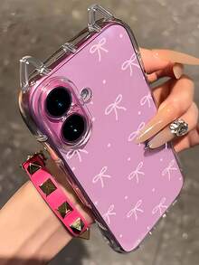1pc Pink Striped Bow Polka Dot Printed Cat Ear Transparent Airbag Shockproof 1.5mm TPU Soft Case With Hanging Rope Accessory Compatible With IPhone 17/17 Pro/17 Pro Max/ Air/16/16 Pro/16 Plus/16 Pro Max/15 Pro Max/15 Pro/15 Plus/11/12/13/14/15/16E - Multicolor - View 3