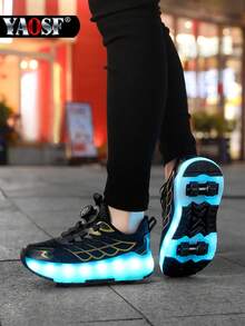 YAOSF Zapatos con ruedas para niños/adolescentes - Versión mejorada con mayor estabilidad, zapatos deportivos 2 en 1 desmontables, zapatos de patinaje sobre ruedas geniales para la calle, zapatos deportivos luminosos para exteriores, zapatos para padres e hijos, nuevos patines en línea, zapatos con luces para la noche, zapatos con ruedas recargables por USB, zapatos con ruedas y luces LED, zapatos deportivos con suela con luces LED para niños/niñas, estudiantes, zapatos con ruedas para deportes al aire libre - Negro - Ver 4