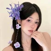 1pc Elegant Floral Hair Clip, Fresh Embossed Tassel Hair Accessory, New Chinese Style Hanfu Headpiece For Women, Claw Clips, Hair Slide, Flower Hair Clips, Hairpin, Summer Accessories - Purple - View 5