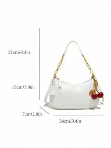 Fashionable Shoulder Bag Features A Classic Letter Pattern And Pearl Cherry Pendant Decoration. Made Of Solid-Color Waterproof PU Material, It Can Be Used As A Shoulder Bag, Underarm Bag, Crescent-Shaped Summer Bag, Beach Vacation Bag, Or Back-To-School Bag. It Can Also Be Used As A Ladies' Wallet, Suitable For Shopping, Outings, And Daily Use. It Also Makes A Great Gift For Friends Or Family. - 白色 - 查看 6