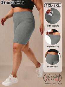 1pc Women Plus Size Knee Length Yoga/Cycling Tight Shorts, High Stretch Butt Lifting Curve Flattering Sports Pants, Knit Fabric Breathable Running Training Shorts With Pockets, Suitable For Cycling, Fitness, Running, Foldable Hem, All Seasons - Grey - View 8