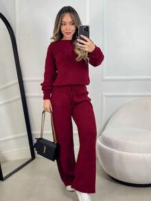 Ribbed Knit Set In Mousse Fabric: Wide-Leg Pants With Adjustable Drawstring + Puff Sleeve Blouse - Winter - Red - View 4