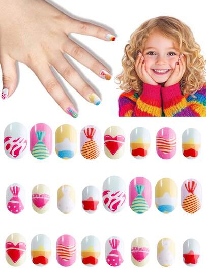 NAIO 24 Pieces Press On Nails For Kids, 1 Pack Kid Fake Nail Spring/Summer Nail Designs Featuring Stars, Hearts, And Candy Shapes Elements Pre-Glue Short Nail Stick On Nails, Great For Children Little Girl Birthday Gifts, Parties & Makeovers Decoration
