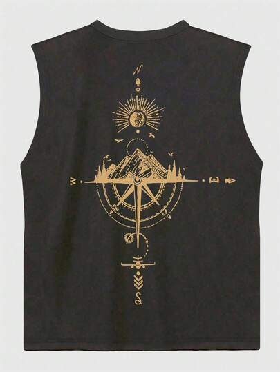 GRDR Camiseta de tirantes casual de verano para hombre con estampado de brújula y pico de montaña