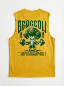 GRDR Men's Summer Broccoli & Dumbbell Print Casual Round Neck Tank Top - Yellow - View 2