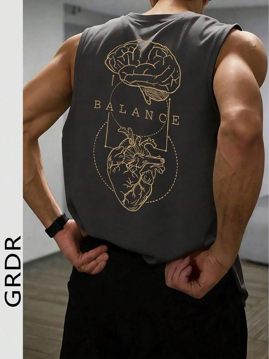 GRDR Men's Summer Printed Round Neck Casual Tank Top - Dark Grey - View 1