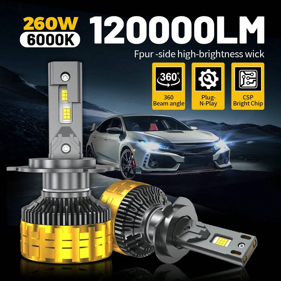 HYNBYZJ Bộ 2 bóng đèn pha LED H11 H7 H4, ánh sáng trắng lạnh 6000K, độ sáng 120000LM, công suất 260W, bóng đèn LED độ sáng cao, chùm sáng toàn phần, phù hợp để thay thế bóng đèn H1 H3 9005 9006, HB3 HB4 HB5 HB2 9003, bóng đèn sương mù, chùm sáng cao/thấp, độ sáng tăng 2200%. - A - Xem 1