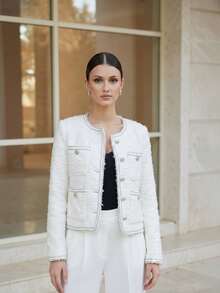 優雅休閒羈扣前襟長袖紋理時尚派對晚餐外套 - 白色 - 查看 6