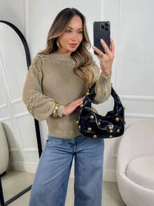 Women's Knit Blouse With Inverted Braid, Long Puff Sleeves, Ribbed Cuffs, Fashion Knitwear For Winter - Sand - View 7