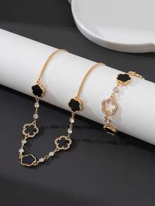 1 Set de joyería de collar con colgante de trébol hueco verde de alta gama y pulsera, de moda y elegante para hombres - Negro - Ver 2