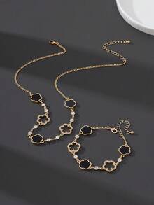 1 Set de joyería de collar con colgante de trébol hueco verde de alta gama y pulsera, de moda y elegante para hombres - Negro - Ver 6