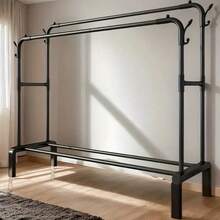 Adjustable Stainless Steel Clothes Rack - Space Saving, Foldable Design, Dual Bar For Efficient Storage Of Clothes, Shoes, Hats And Accessories - Easy Assembly, Suitable For Bedroom, Dorm And Balcony, Minimalist Garment Rack, Fashionable - Multicolor - View 2
