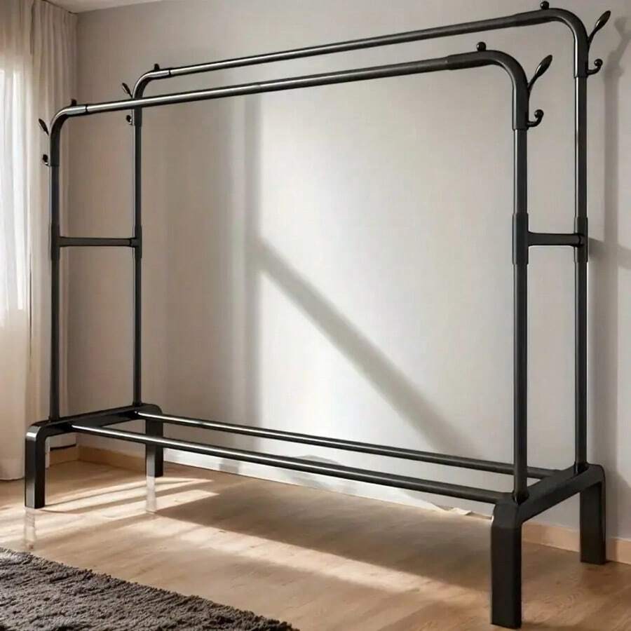 Adjustable Stainless Steel Clothes Rack - Space Saving, Foldable Design, Dual Bar For Efficient Storage Of Clothes, Shoes, Hats And Accessories - Easy Assembly, Suitable For Bedroom, Dorm And Balcony, Minimalist Garment Rack, Fashionable