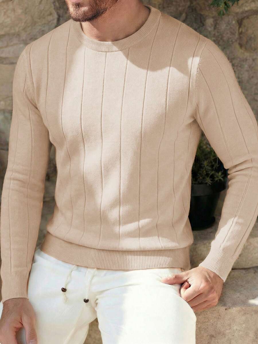HUODA Men's Casual Ribbed Knit Sweater, Round Neck, Minimalist & Fashionable, Suitable For Daily Wear - Camel - View 1