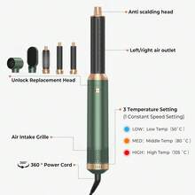 UKLISS 5合1專業吹風機造型熱風梳套組（吹風梳 + 自動捲髮棒 + 直髮豐盈梳）| 5個可拆卸可替換刷頭 + 3段溫度設定 | 自動捲髮、捲/波浪/直/順滑 | 豐盈瀏海、根部蓬鬆且無毛躁效果 | 可自定義層次/內捲 | 適合所有髮質 | 情人節、復活節、嘉年華、聖帕特里克節、總統日的理想禮物 | 適合外出造型/居家/沙龍/嘉年華遊行/總統日活動 - 綠色 - 查看 4