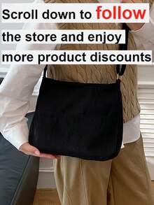 New Large Capacity Velvet Shoulder Bag, Casual Crossbody Bag, Cloth Bag, Commuting Travel Cloth Bag, College Student Bag - Black - View 9