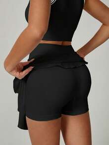 Y2K撞色滚边露脐背心和口袋短裙套装 女式网球风格两件套运动服 - 黑與白 - 查看 4