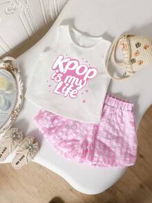 Young Girl Round Neck Letter Print Sleeveless Top And Shorts Casual Daily Set - White - View 2