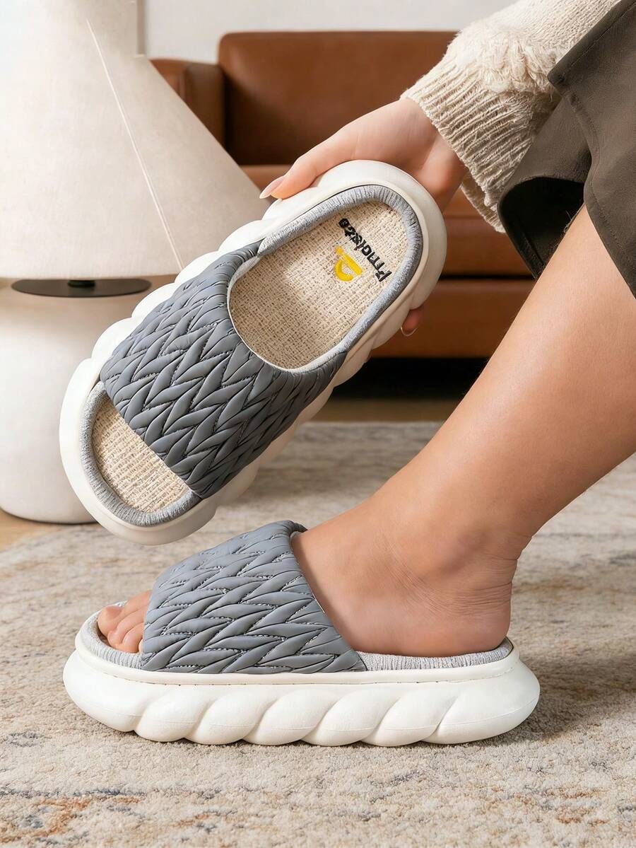 Pmoiste Women's Quilted Plaid Elegant House Slippers, Thick EVA Linen Insole, Indoor Home Shoes, Grey - Grey - View 1