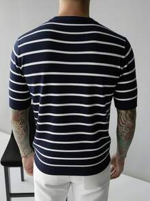 GRDR Men's Minimalist Striped Basic Crew Neck Knit Short Sleeve Sweater - Navy Blue - View 2