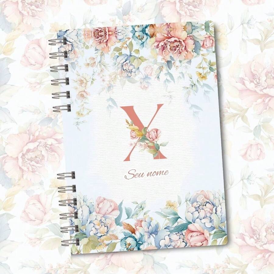 A5 Floral Pink And Blue Notebook Personalized With Initial Of The Alphabet - X - View 1