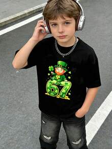 St. Patrick's Day Leprechaun & 67 Print Boys' Cotton Short Sleeve T-Shirt Playful Style Festival Casual Top - 黑色 - 查看 2