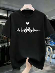 Tractor heartbeat graphic tee, quality fabric, crew neck, comfortable fit, unique graphic print - Preto - Ver 2