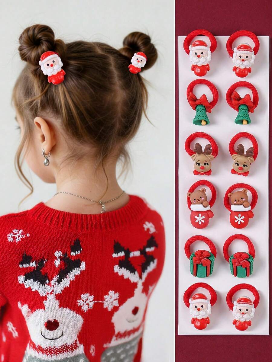 10个/套 女孩圣诞发圈，包含圣诞老人/圣诞树/雪人/铃铛元素，可爱发饰发箍，高弹力橡皮筋，不伤头发 - 彩色 - 查看 1